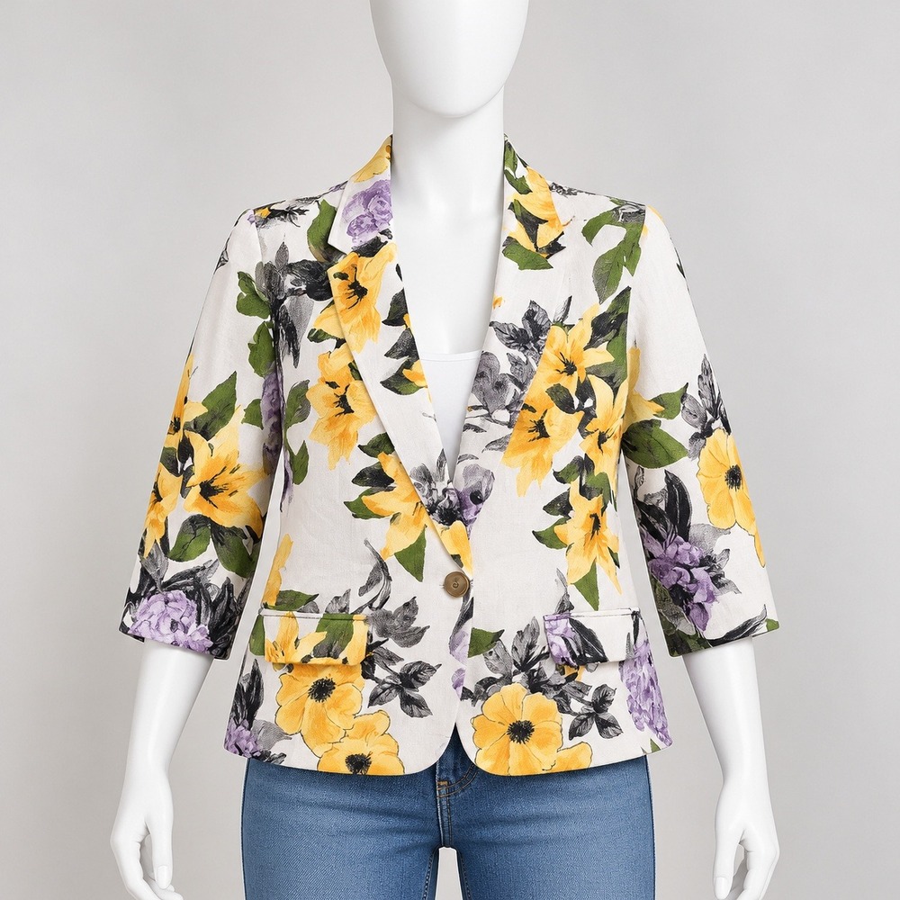 New York Clothing Company Blazer Womens PL White Yellow Floral Single Button